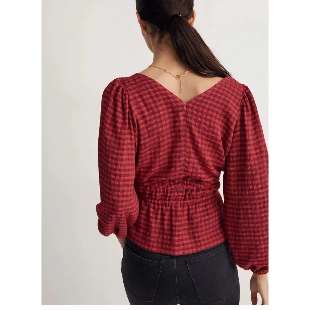 Madewell‎ Saffi Top Longsleeve Peplum Check Puff Sleeve Size Medium